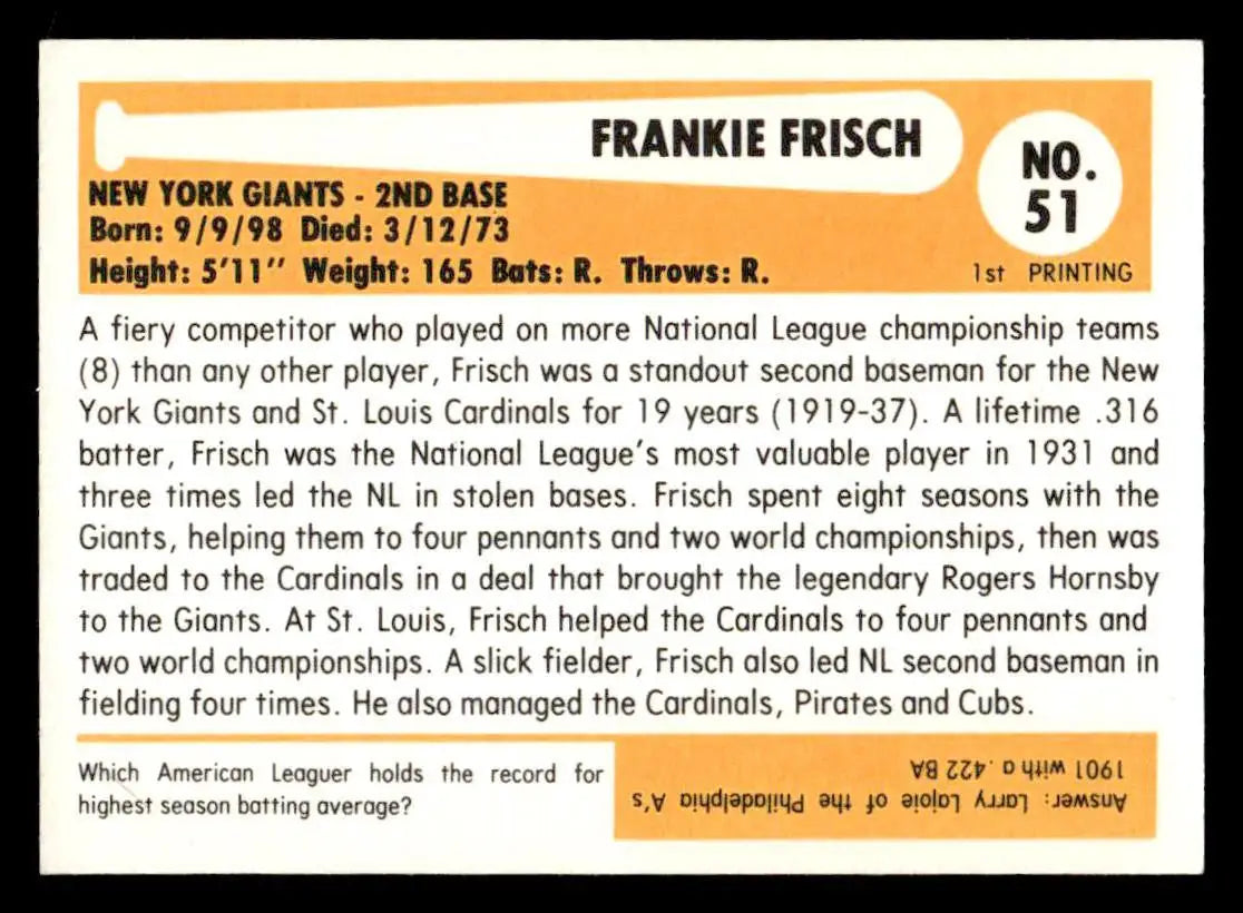 Vintage 1980-87 SSPC HOF Frankie Frisch baseball card 51a Frankie Frisch collectible