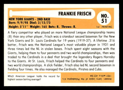 Vintage 1980-87 SSPC HOF Frankie Frisch baseball card 51a Frankie Frisch collectible
