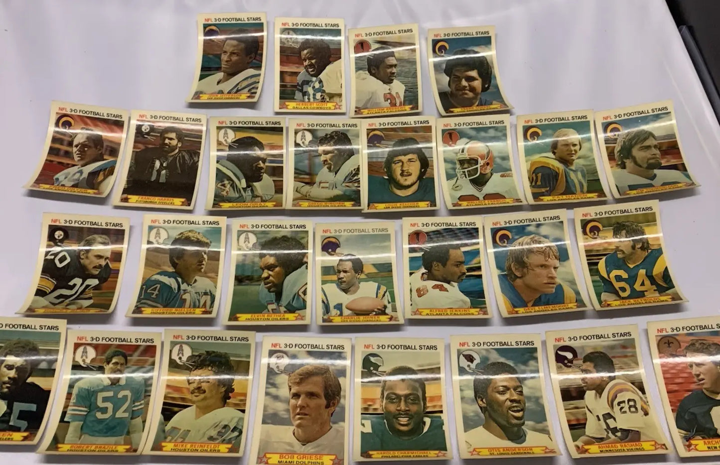 Vintage NFL football stars trading cards from 1980 Stop N Go partial card set