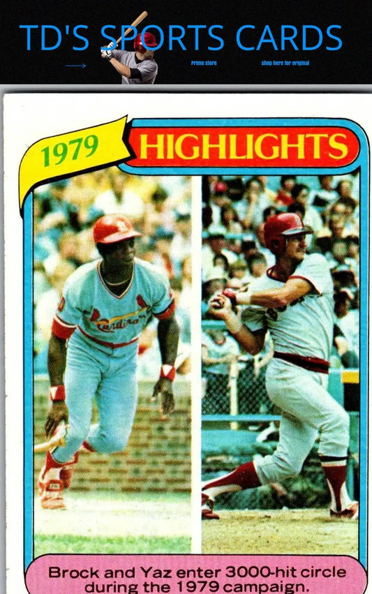 1979 Baseball highlights card featuring Lou Brock and Carl Yastrzemski from 1980 Topps trading cards