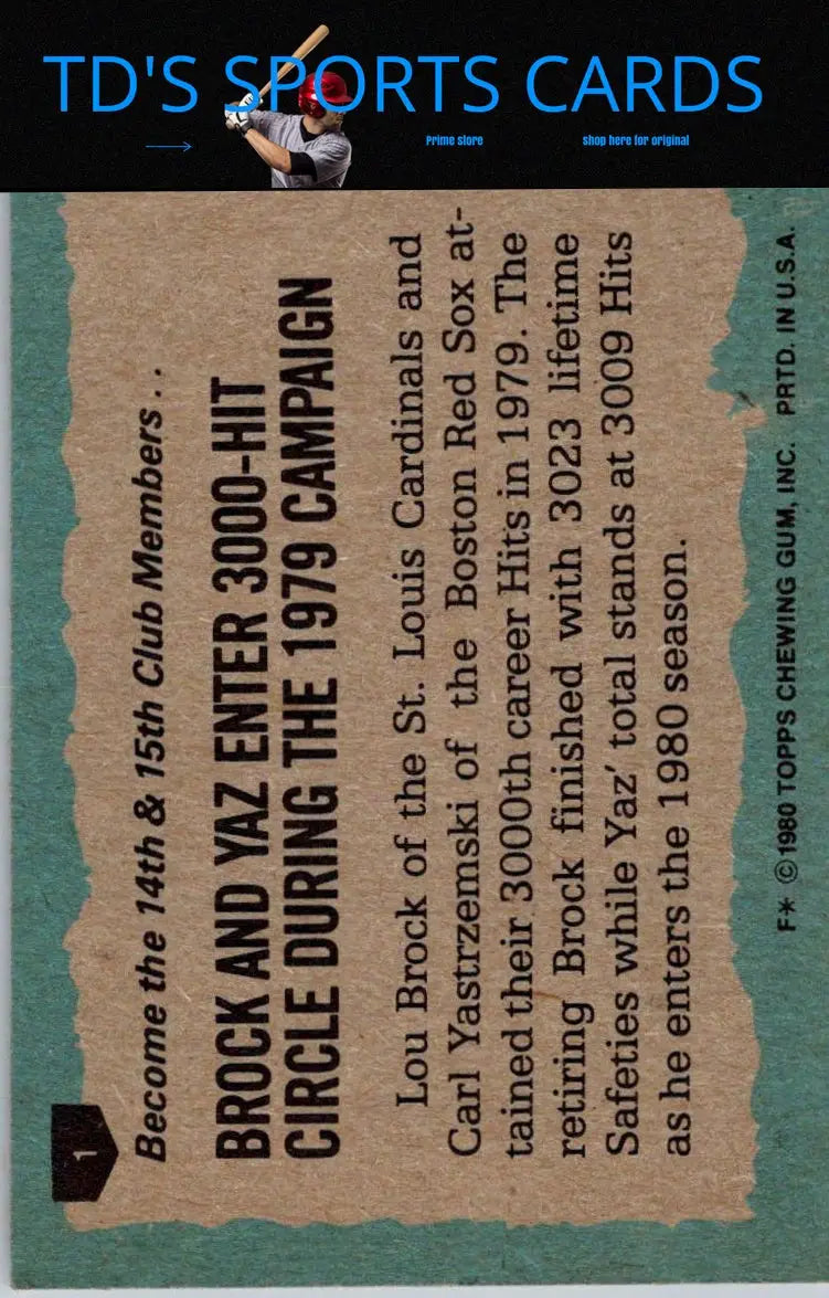 Vintage baseball card back of 1980 Topps Lou Brock and Carl Yastrzemski trading cards
