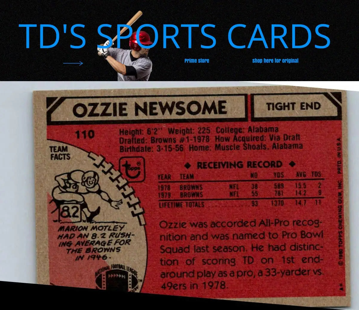 Ozzie Newsome football card from 1980 Topps #110 trading cards collection