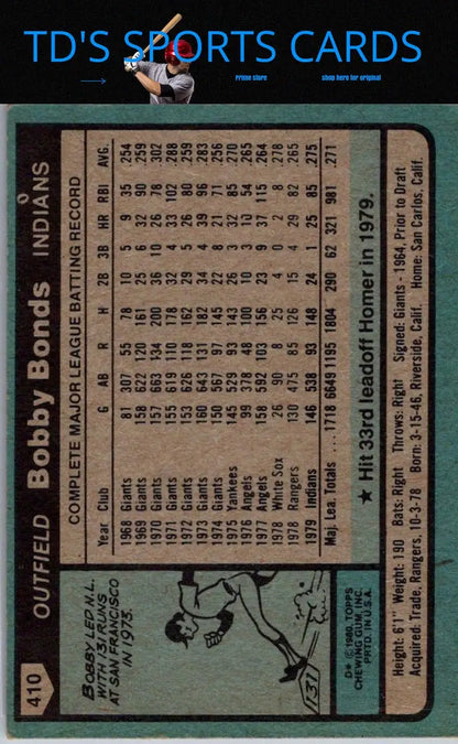 Vintage Bobby Bonds baseball card from 1980 Topps #410 trading cards collection