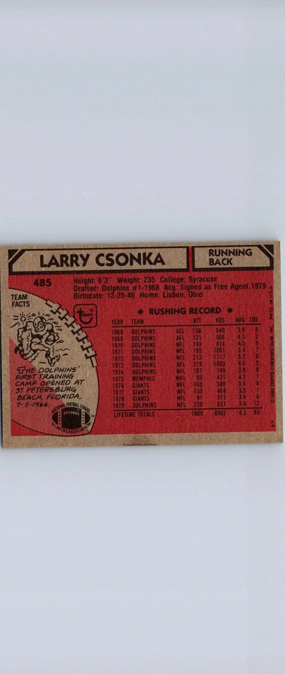 Larry Csonka football card from the 1980 Topps #485 trading cards collection