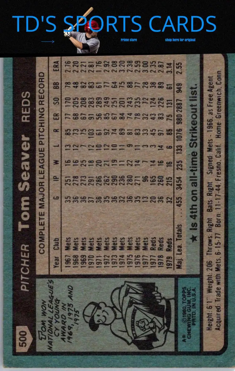 Vintage Tom Seaver baseball card from 1980 Topps #500 showcasing classic trading cards