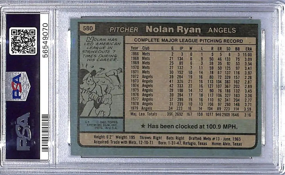 Graded Nolan Ryan baseball card 1980 Topps PSA 6 EX-MT Angels product