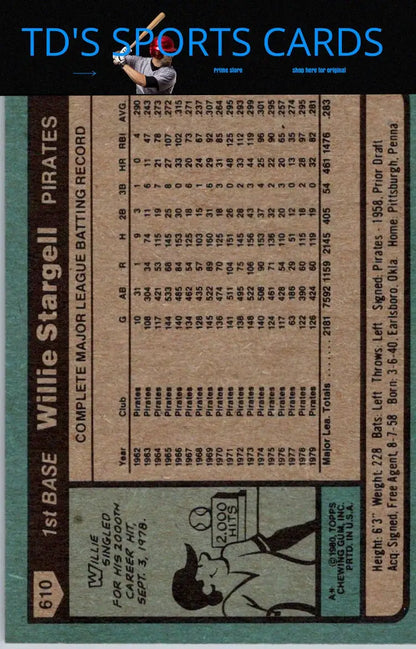 Vintage Willie Stargell baseball card from the 1980 Topps #610 trading cards collection