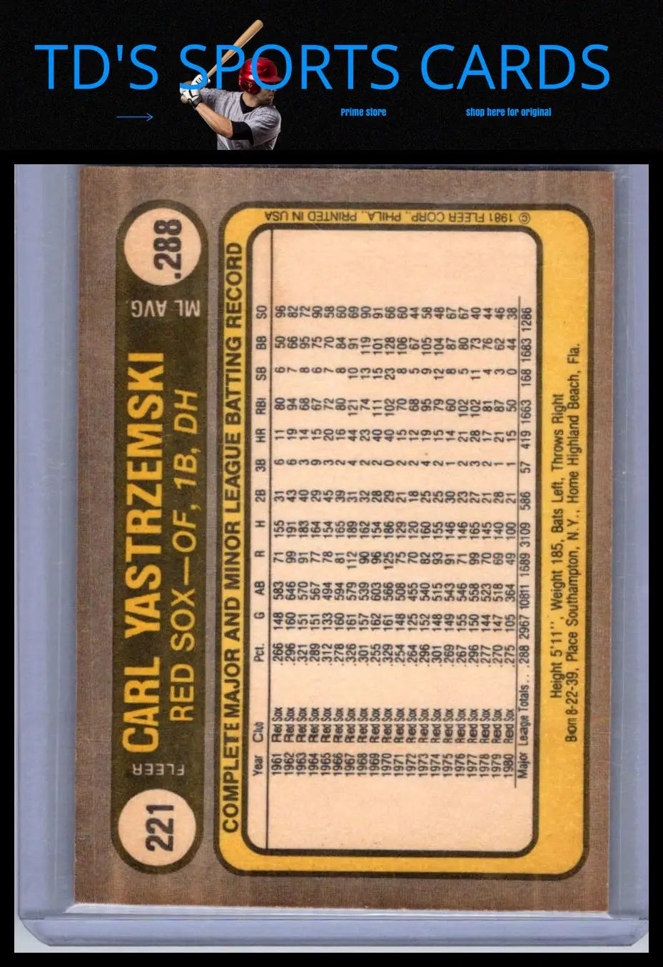 Carl Yastrzemski baseball card from 1981 Fleer #221 trading cards collection