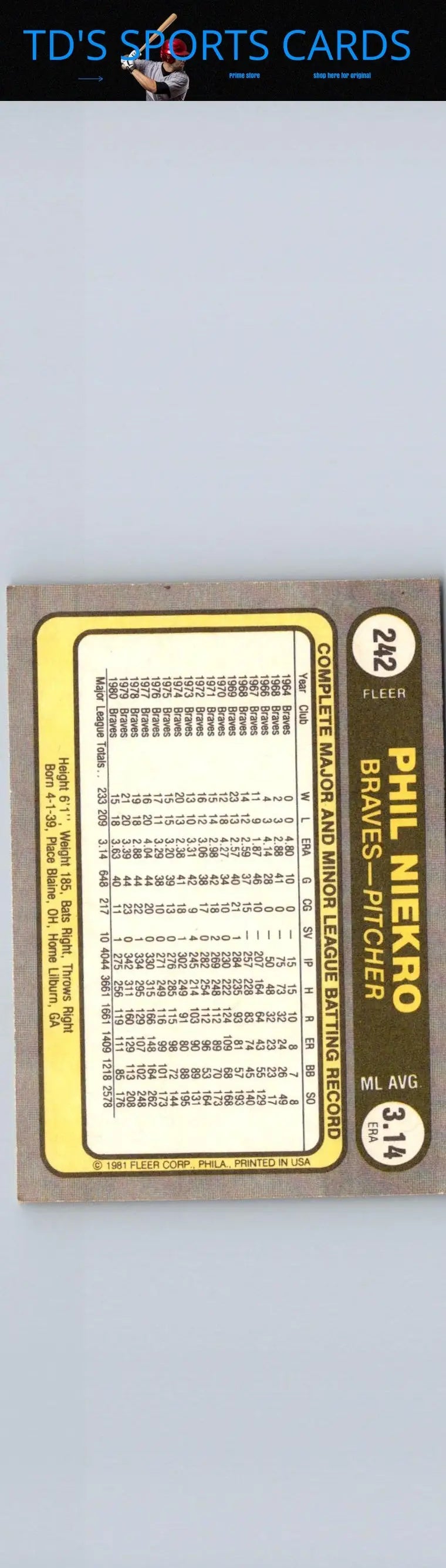 Baseball card back featuring 1981 Fleer #242 Phil Niekro collectible