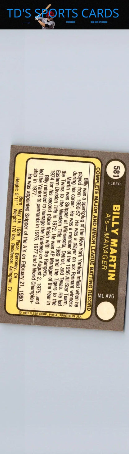 Vintage baseball card featuring Billy Martin from 1981 Fleer #581 collection