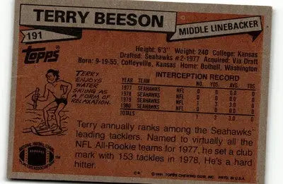 Vintage Terry Beeson football card from 1981 Topps #191 featuring Terry Beeson football memorabilia