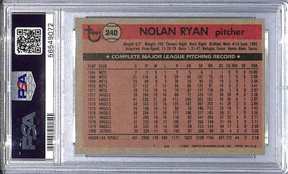 Vintage Nolan Ryan baseball card in PSA slab featuring Houston Astros, 1981 Topps #240