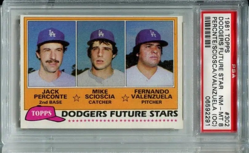 Graded 1981 Topps Dodgers Future Stars card featuring Fernando Valenzuela and Mike Scioscia