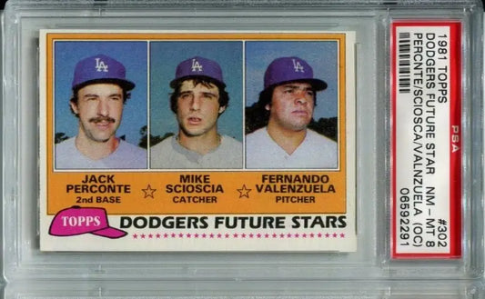 Graded 1981 Topps Dodgers Future Stars card featuring Fernando Valenzuela and Mike Scioscia
