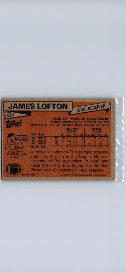 James Lofton football card from 1981 Topps #430, a must-have for trading cards collectors