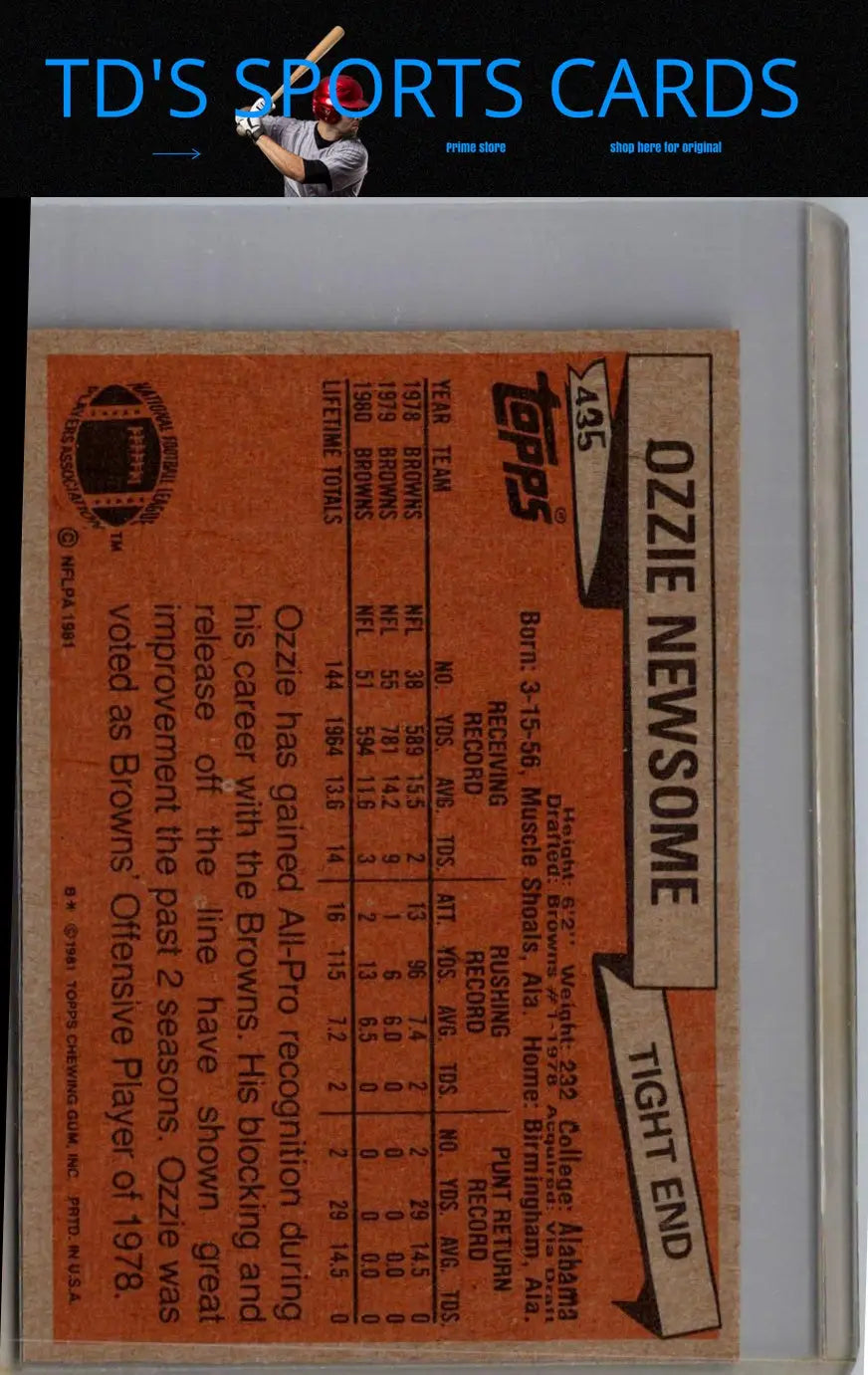 Ozzie Newsome football card from 1981 Topps #435 showcasing Ozzie Newsome memorabilia