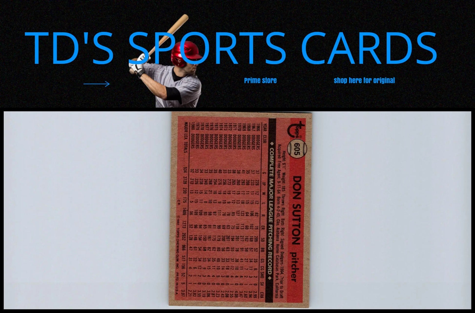 Vintage 1981 Topps #605 Don Sutton baseball card for trading card collectors