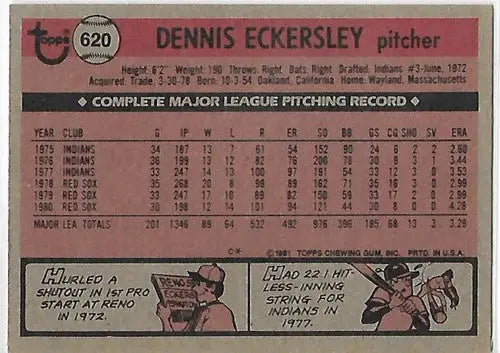 Original gloss 1981 Topps Dennis Eckersley Red Sox baseball card with excellent red sox color