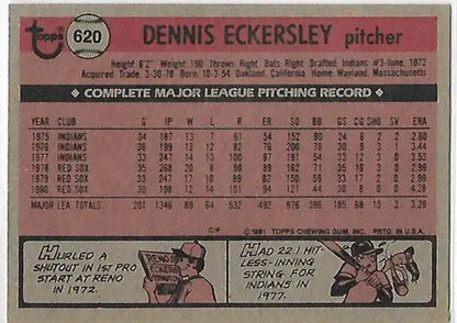 Original gloss 1981 Topps Dennis Eckersley Red Sox baseball card with excellent red sox color