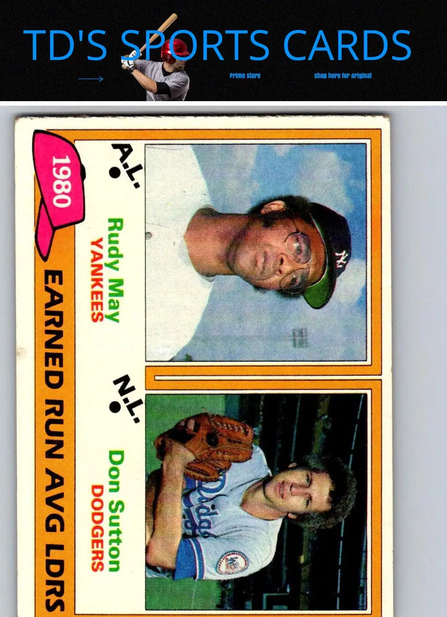 Vintage baseball card of 1981 Topps Earned Run Average Leaders featuring Rudy May and Don Sutton