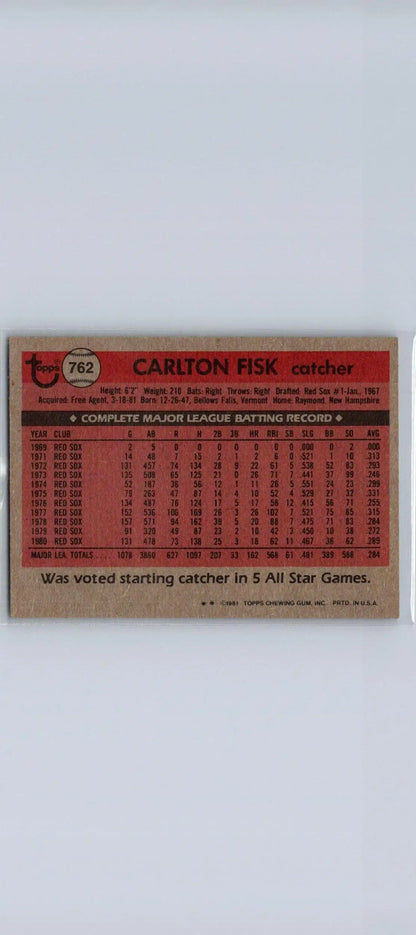 Back of 1981 Topps Traded #762 Carlton Fisk baseball card showcasing player stats and info