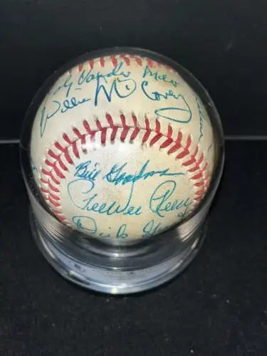 Autographed 1982 Cracker Jack game signed baseball in display case by DiMaggio Brock Kaline