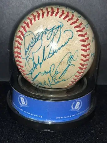 Autographed 1982 Cracker Jack game signed baseball in display case featuring DiMaggio, Brock, Kaline