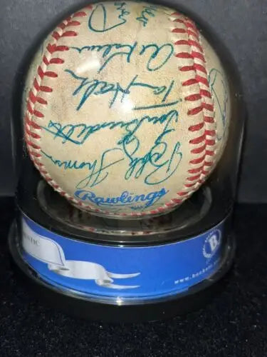 Autographed 1982 Cracker Jack game signed baseball in display case featuring Kaline and DiMaggio