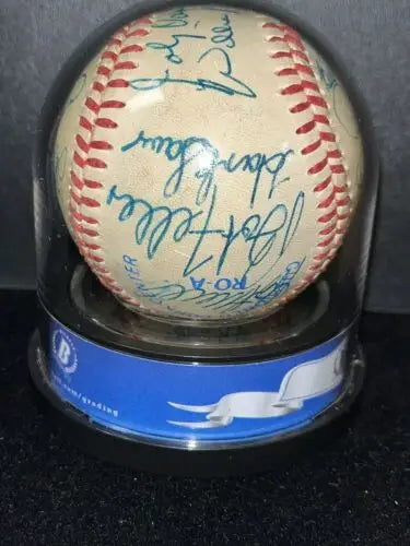 Signed baseball in display case from 1982 Cracker Jack Old Timer Game BAS DiMaggio Kaline