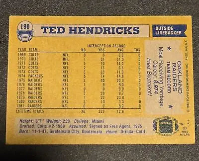 1982 Topps Ted Hendricks football card, vintage NFL collectible player card