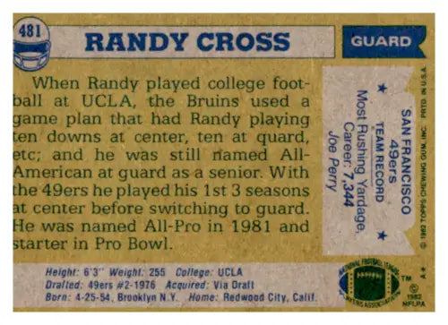 Randy Cross football card from 1982 Topps, Excellent 49ers with original gloss