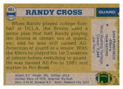 Vintage Randy Cross football card from the 1982 Topps set with original gloss, excellent 49ers