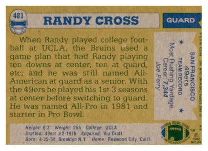 Vintage Randy Cross football card from the 1982 Topps set with original gloss, excellent 49ers