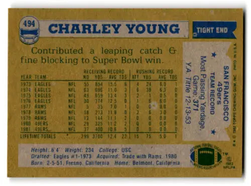 Vintage Charley Young football card with original gloss, NM Mint 49ers collectible