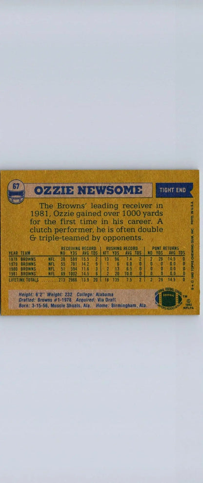 Ozzie Newsome trading card from the 1982 Topps #67 collection displayed prominently