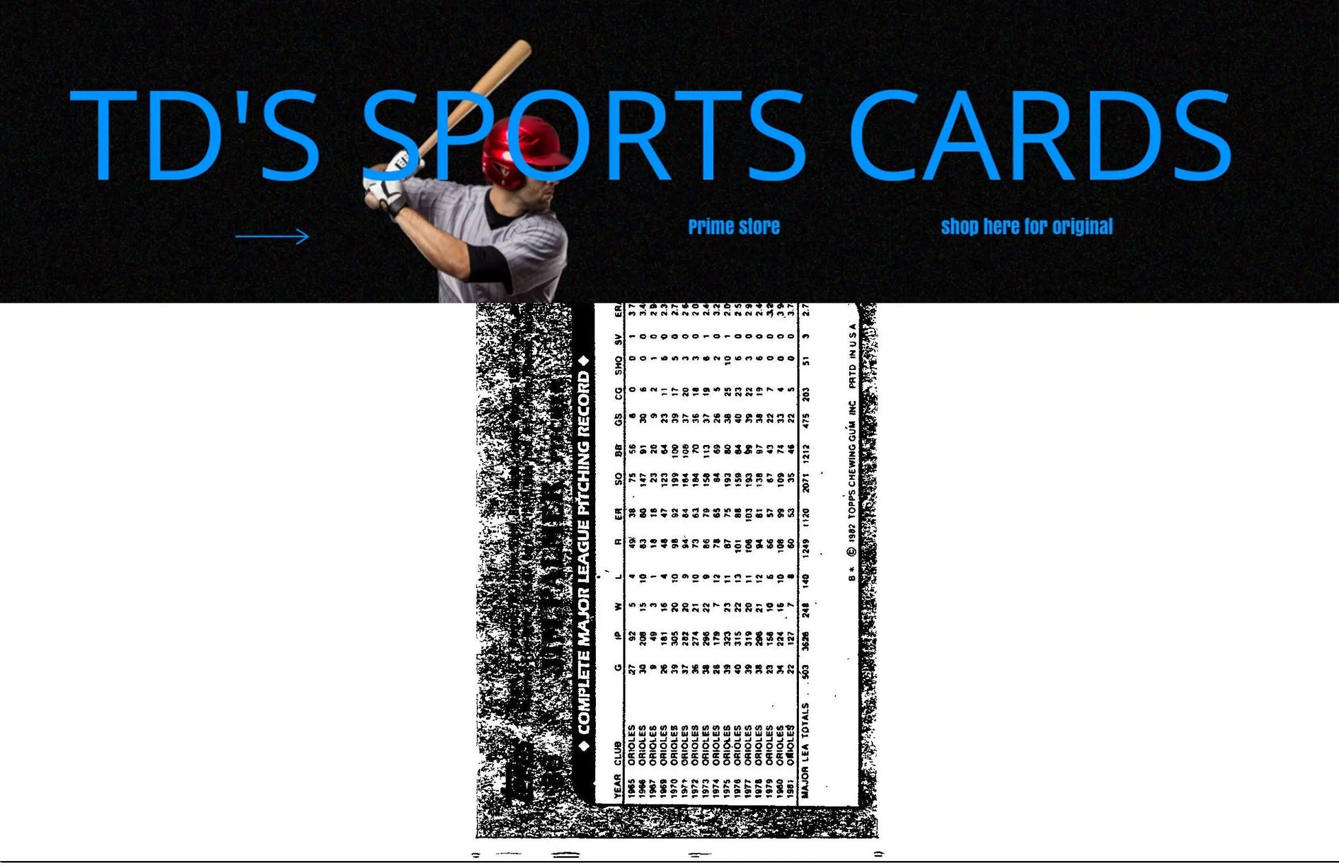 Sports card store advertisement featuring 1982 Topps #80 Jim Palmer baseball card