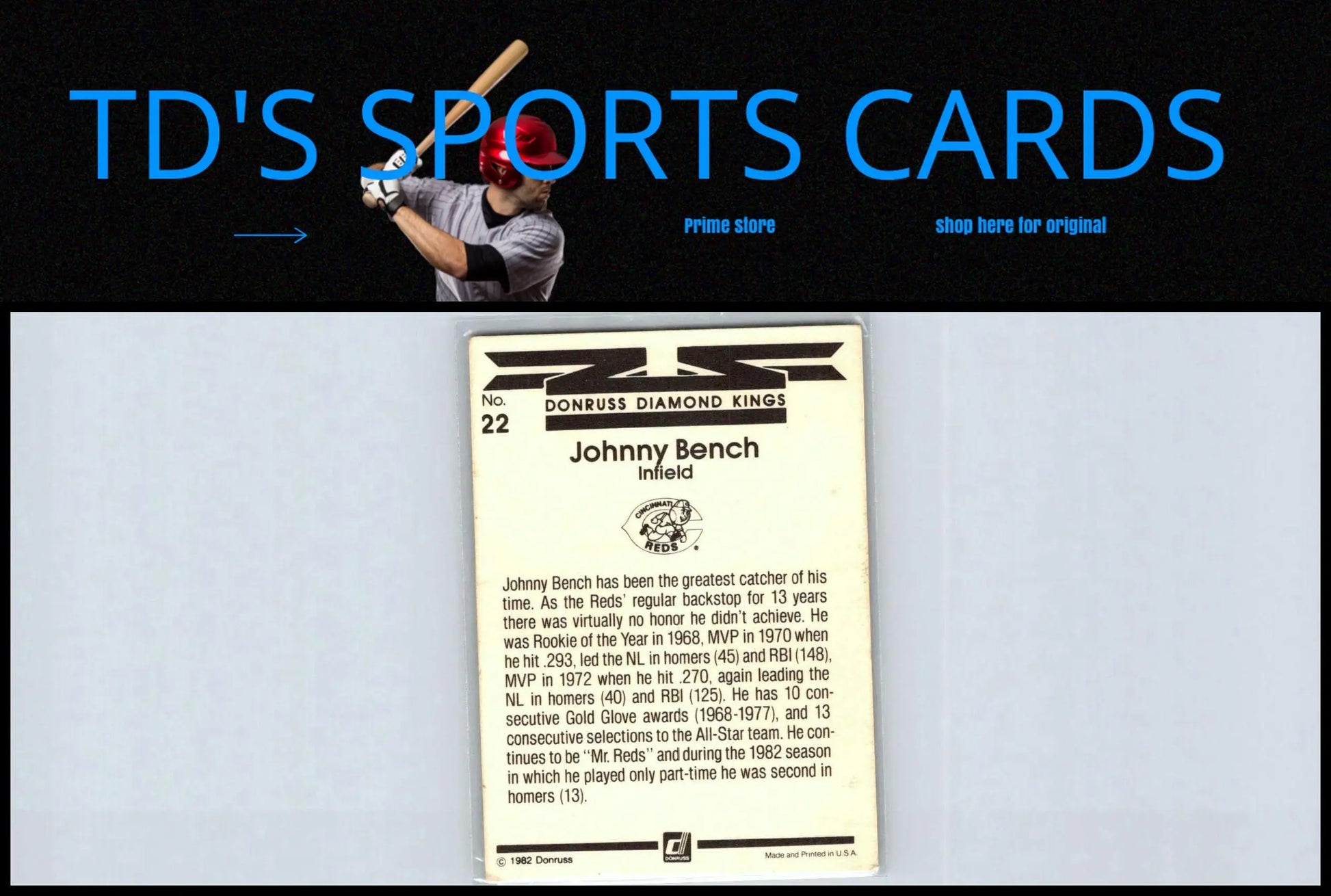 1983 Donruss #22 Johnny Bench baseball card showcasing a legendary player in trading cards