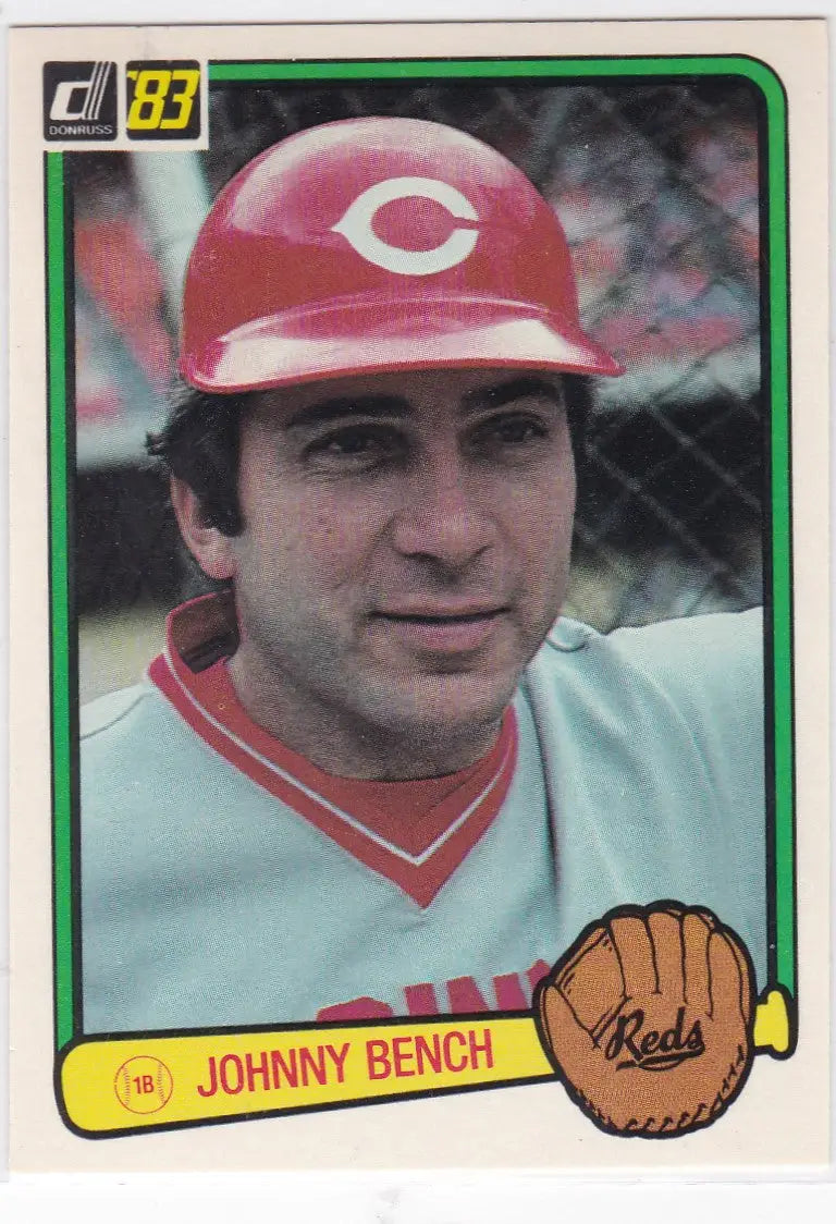 1983 Donruss Johnny Bench Cincinnati Reds card in red cap and white uniform