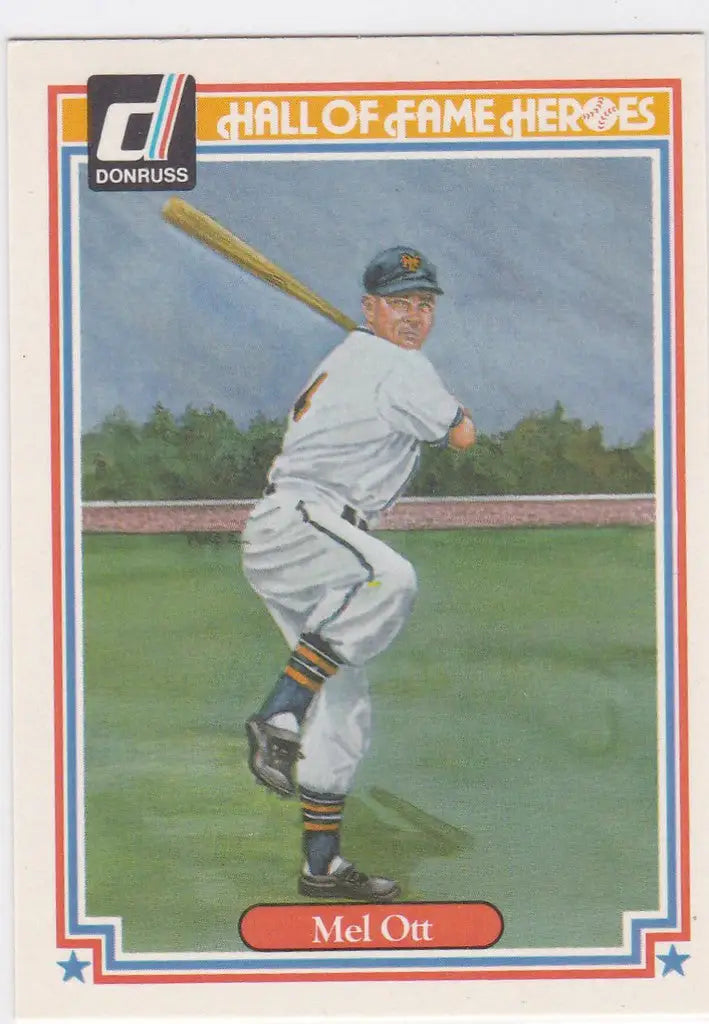 Baseball card of Mel Ott in white uniform swinging bat from 1983 Donruss series