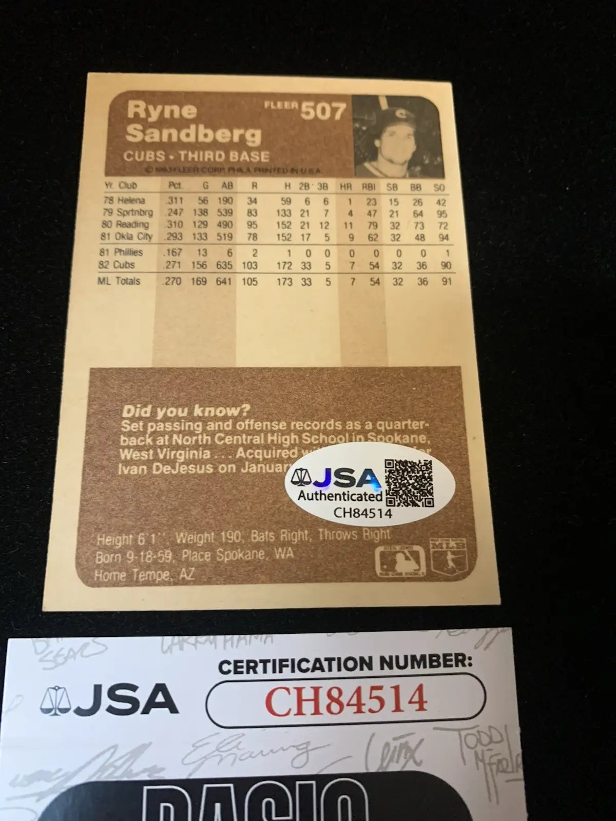 Vintage Fleer RYNE SANDBERG signed rookie card with JSA authentication sticker