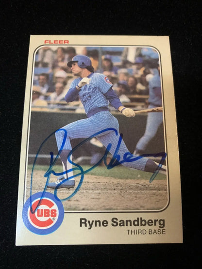 Autographed Fleer Ryne Sandberg signed rookie card from 1983 featuring JSA autograph