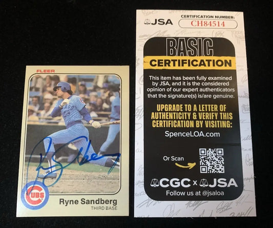 Fleer RYNE SANDBERG signed rookie card with JSA certification, collectible baseball card