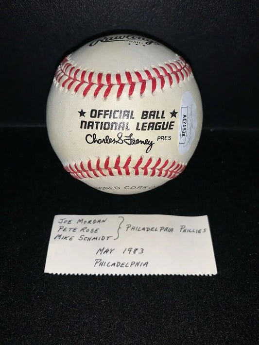 Signed baseball featuring Pete Rose, Mike Schmidt, and Joe Morgan with authentication sticker