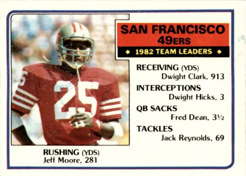 Vintage 1983 Topps #163 Jeff Moore football card with original gloss and 49ers design