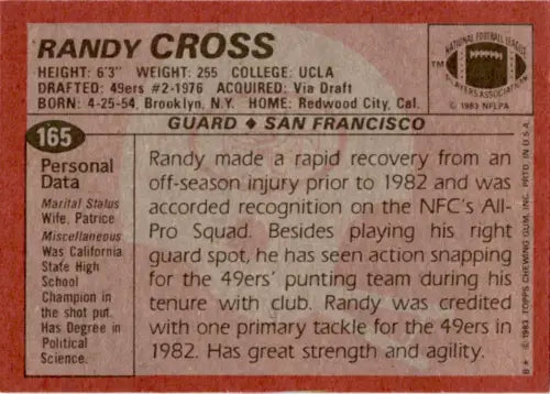 Randy Cross football card from 1983 Topps #165 featuring original gloss, Simply Sandoval