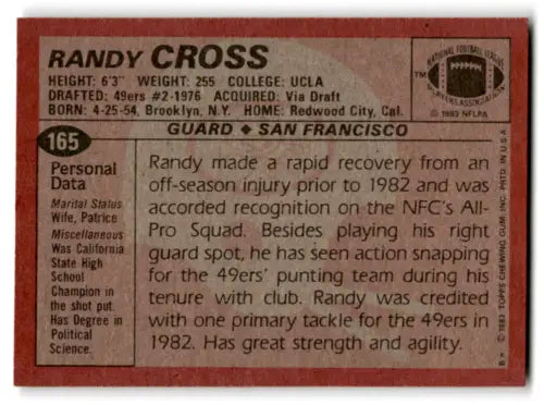 Randy Cross 1983 Topps #165 football card in original gloss, mint 49ers condition