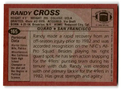 Randy Cross 1983 Topps #165 football card in original gloss, mint 49ers condition