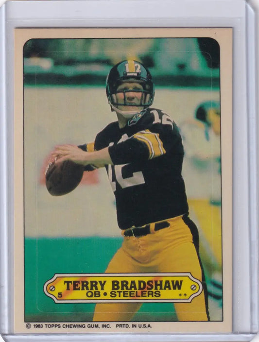 1983 Topps Football Stickers #5 Terry Bradshaw card featuring Pittsburgh Steelers legend