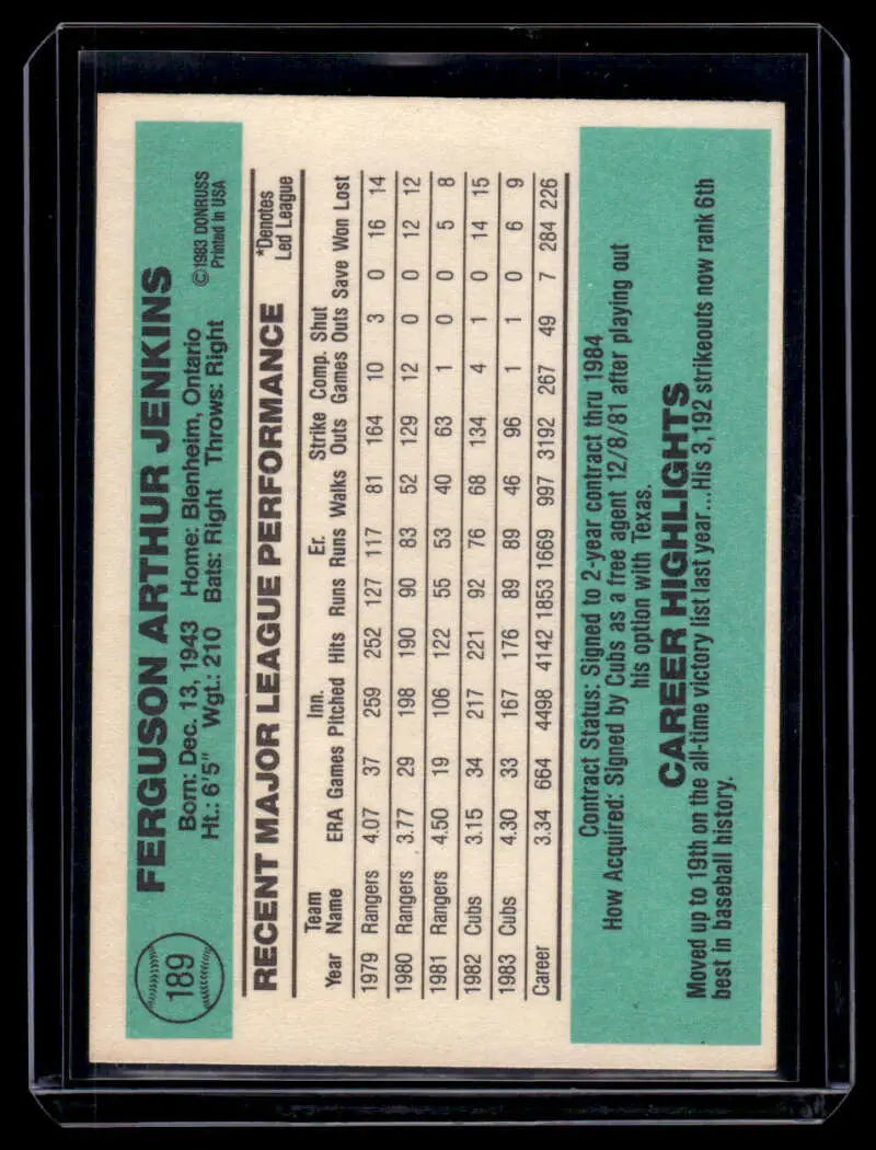 Vintage 1984 Donruss Ferguson Jenkins Baseball Card with teal sections and stats