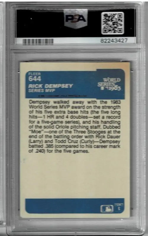 Graded Rick Dempsey baseball card from 1984 Fleer featuring World Series MVP auto